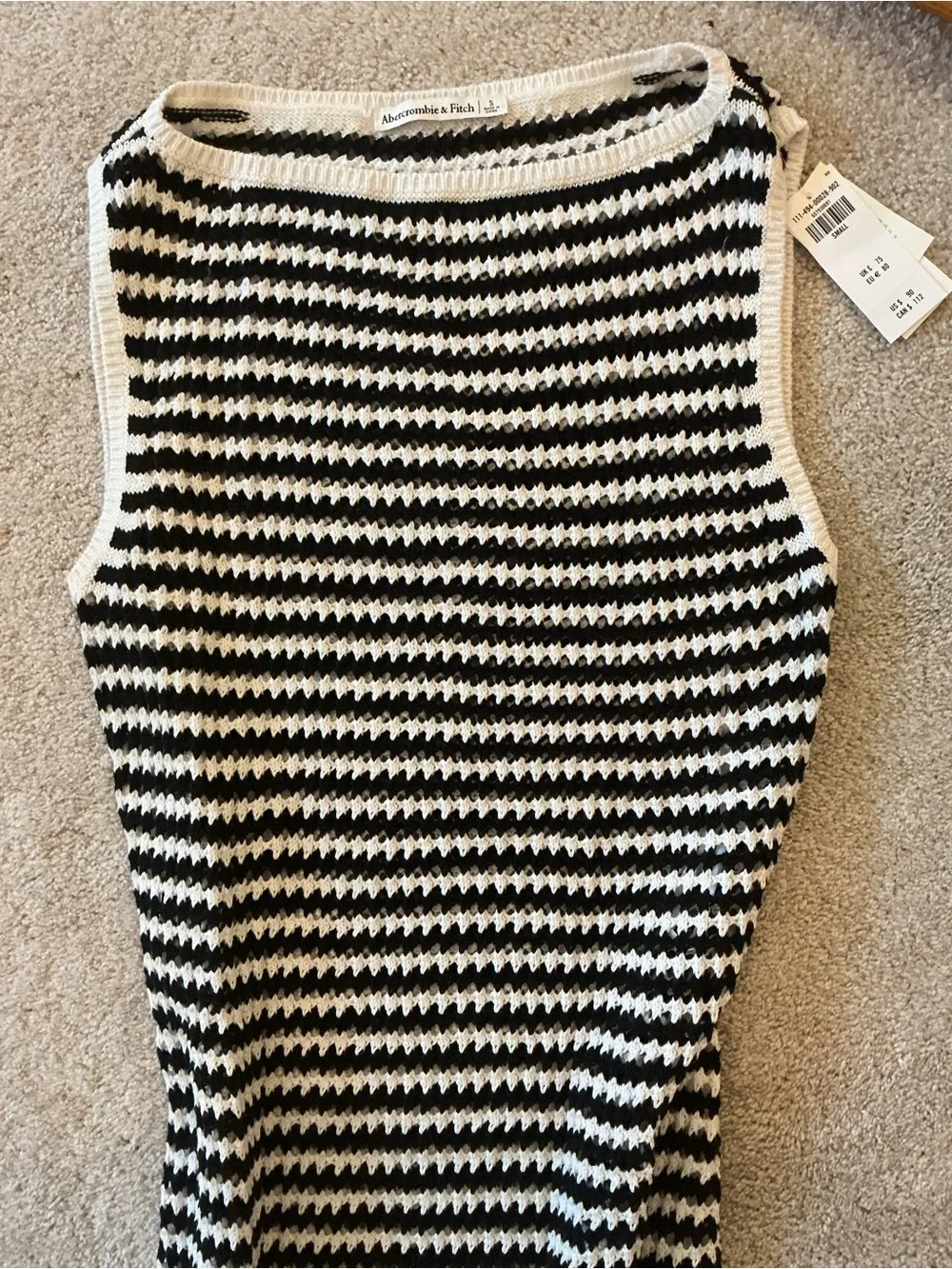 Sleeveless Black & White Striped Knit Crochet Dress Beach coverup